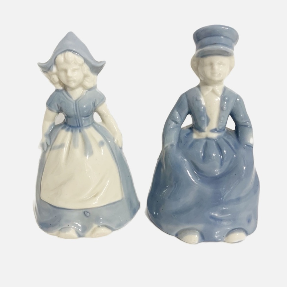 Vintage Unbranded Set of Blue and White Porcelain Dutch Boy and Girl Hand Bells